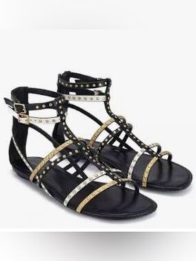 NWT Tory Burch Capri Leather Gladiator Gold Studded Back Zip Sandals Bohemian